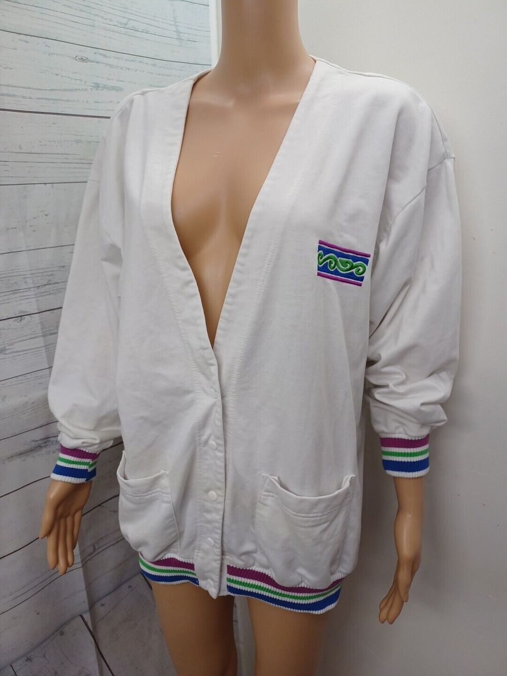 Vtg Jantzen Cardigan Sweater White Blue Purple V Neck Art Wear Sz L